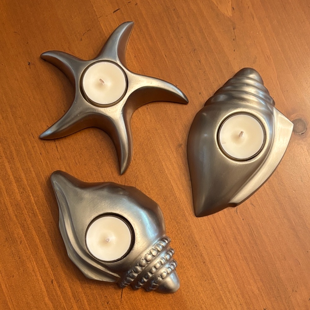 🐚🕯️SET OF 3 BEACH THEMED TEA LIGHT CANDLE HOLDERS in Pewter Tone